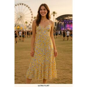 Ultra Flirt Coastal Cowgirl Collection Floral Maxi Dress L Yellow‎ Purple Tiered